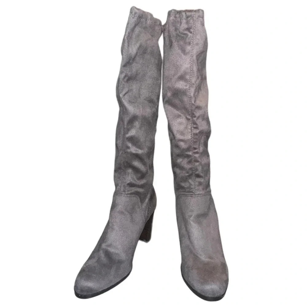 Boden Knee High Boots 39 Gray Faux Suede Slouchy Stretch Block Heel AZ199